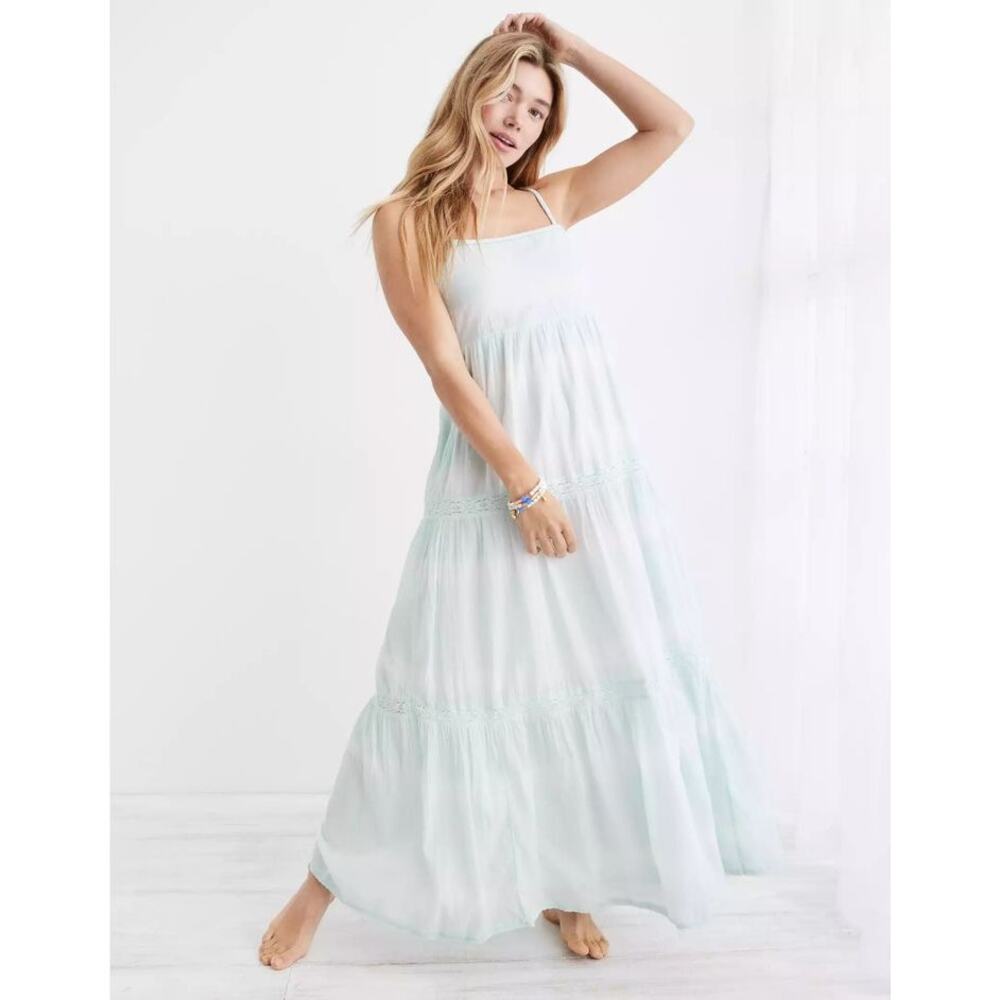 NWT Aerie Tie Dye Maxi Sundress Light Blue White Women's Large Beachy Cotton
